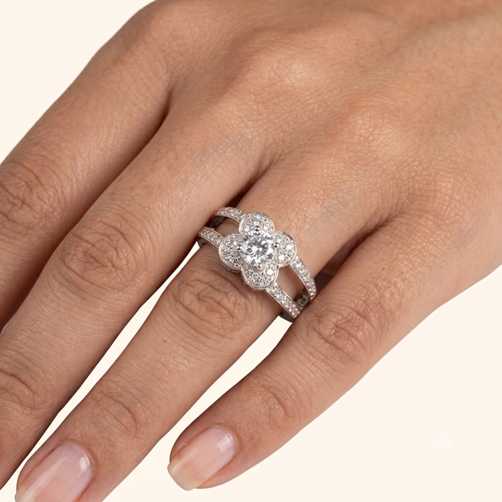 Bague de Mariage Femme Or Blanc 18 Carats avec Oxyde de Zirconium Premium – Bague Fleur Élégante et Scintillante
