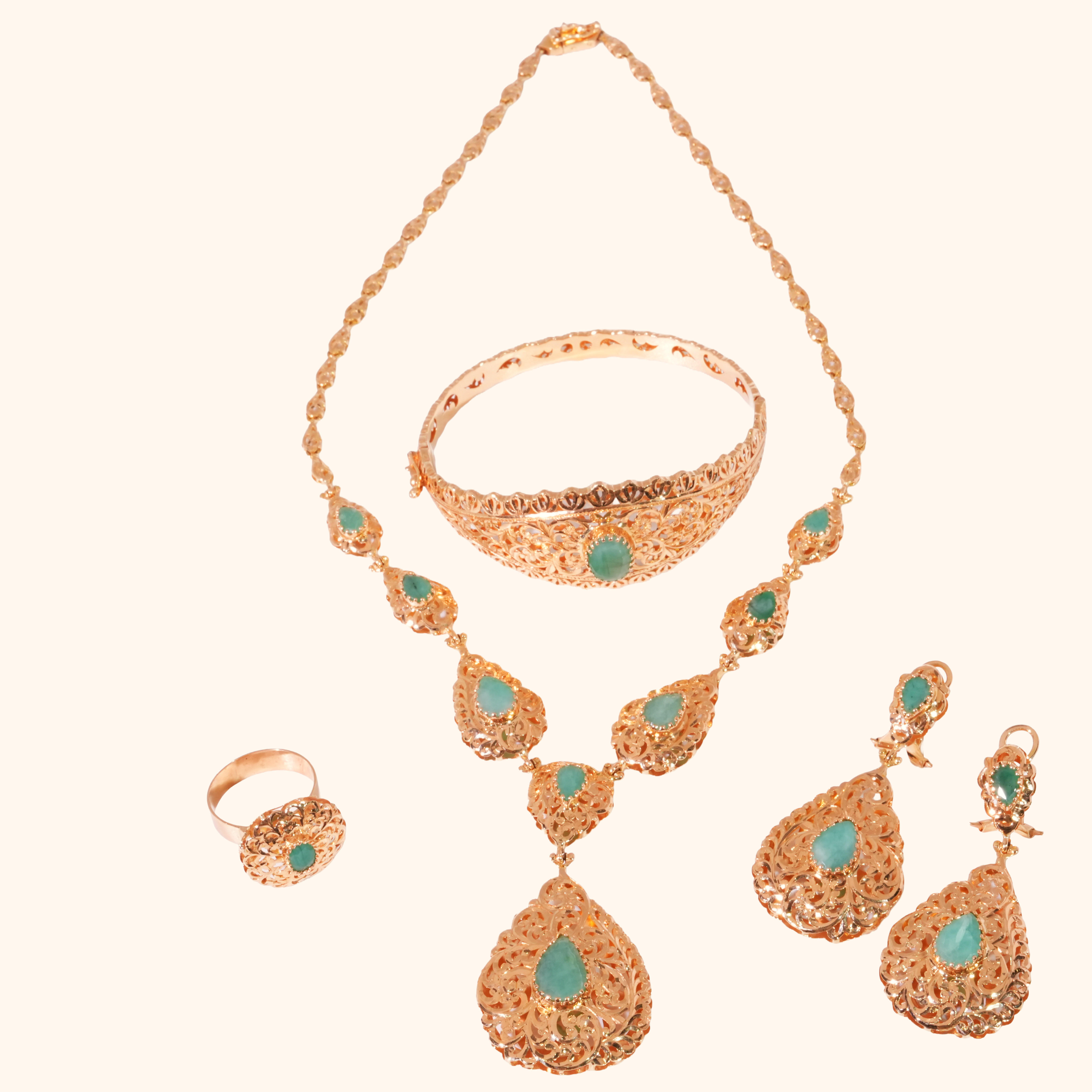 Parure Traditionnelle en Or Rose 18 Carats – Ensemble Joaillerie Femme avec Collier, Boucles d’Oreilles et Bague