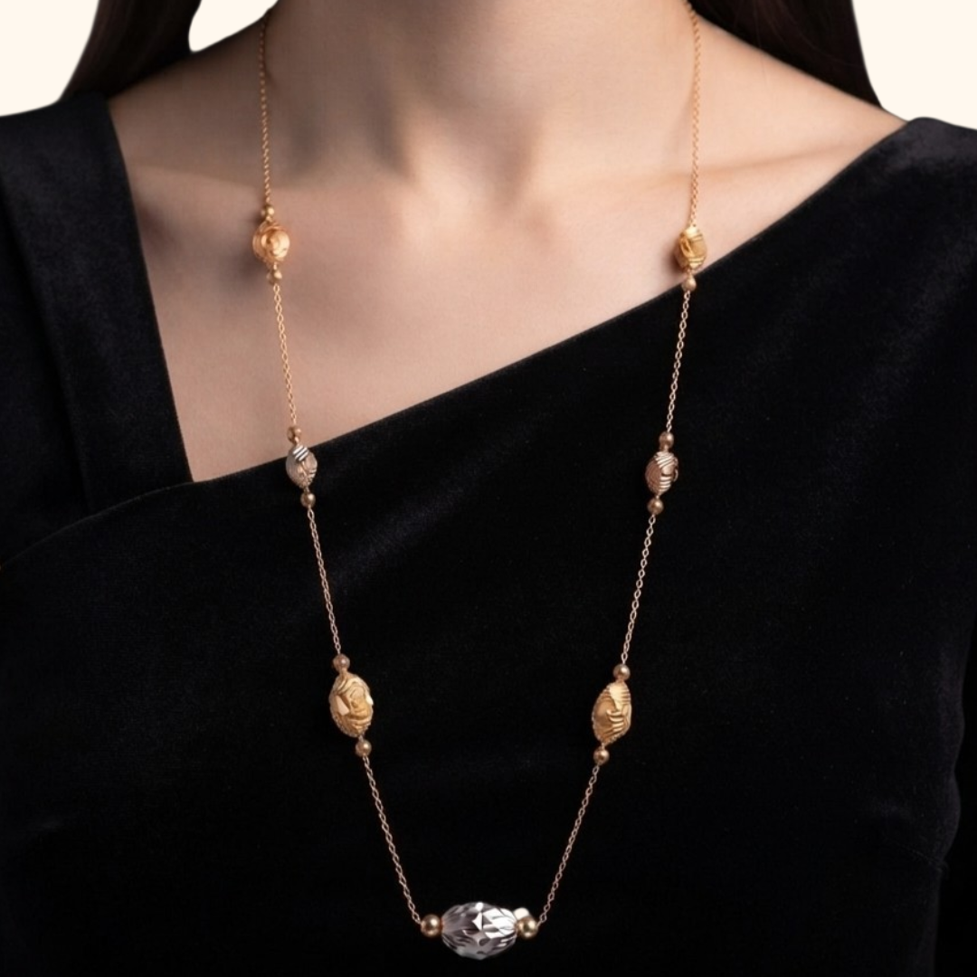 Sautoir Femme en Or 18 Carats – Collier Long Élégant avec Perles d’Or et Motifs Texturés