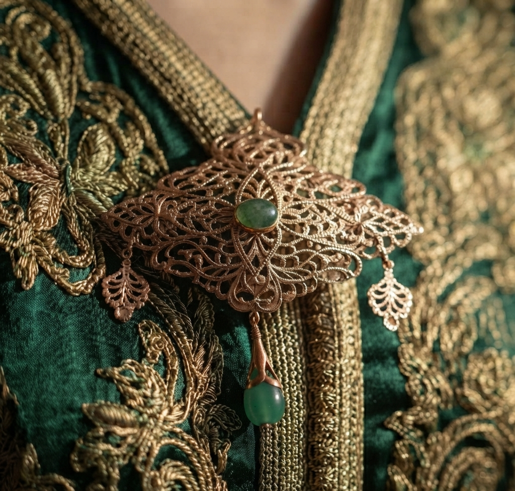Broche Traditionnelle Marocaine en Or Rose 18 Carats avec Pierre Verte – Bijou Oriental Raffiné et Ornemental