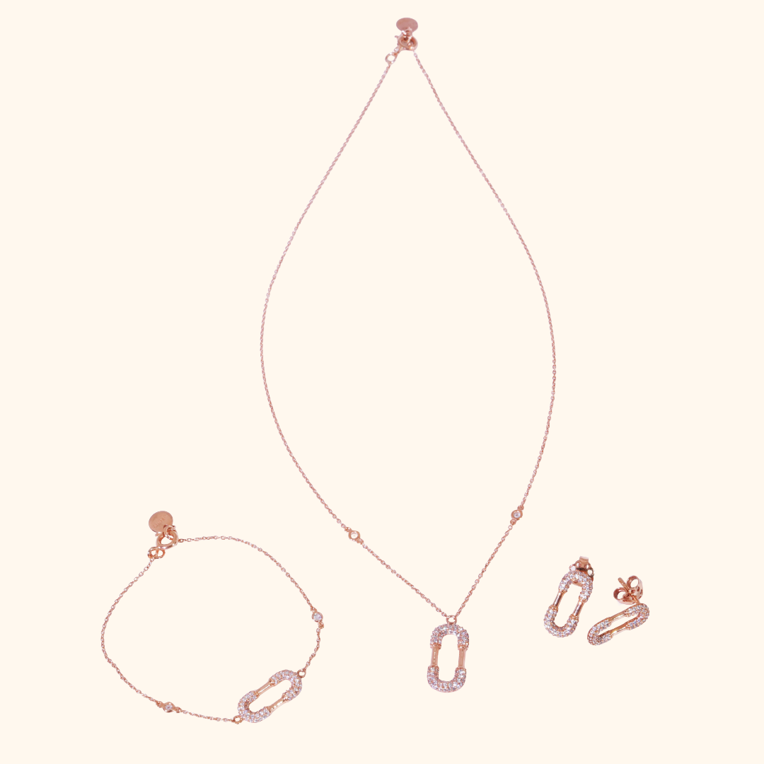 Parure Femme Or Rose avec Oxyde de Zirconium Premium – Ensemble Collier, Bracelet et Boucles d’Oreilles Élégant