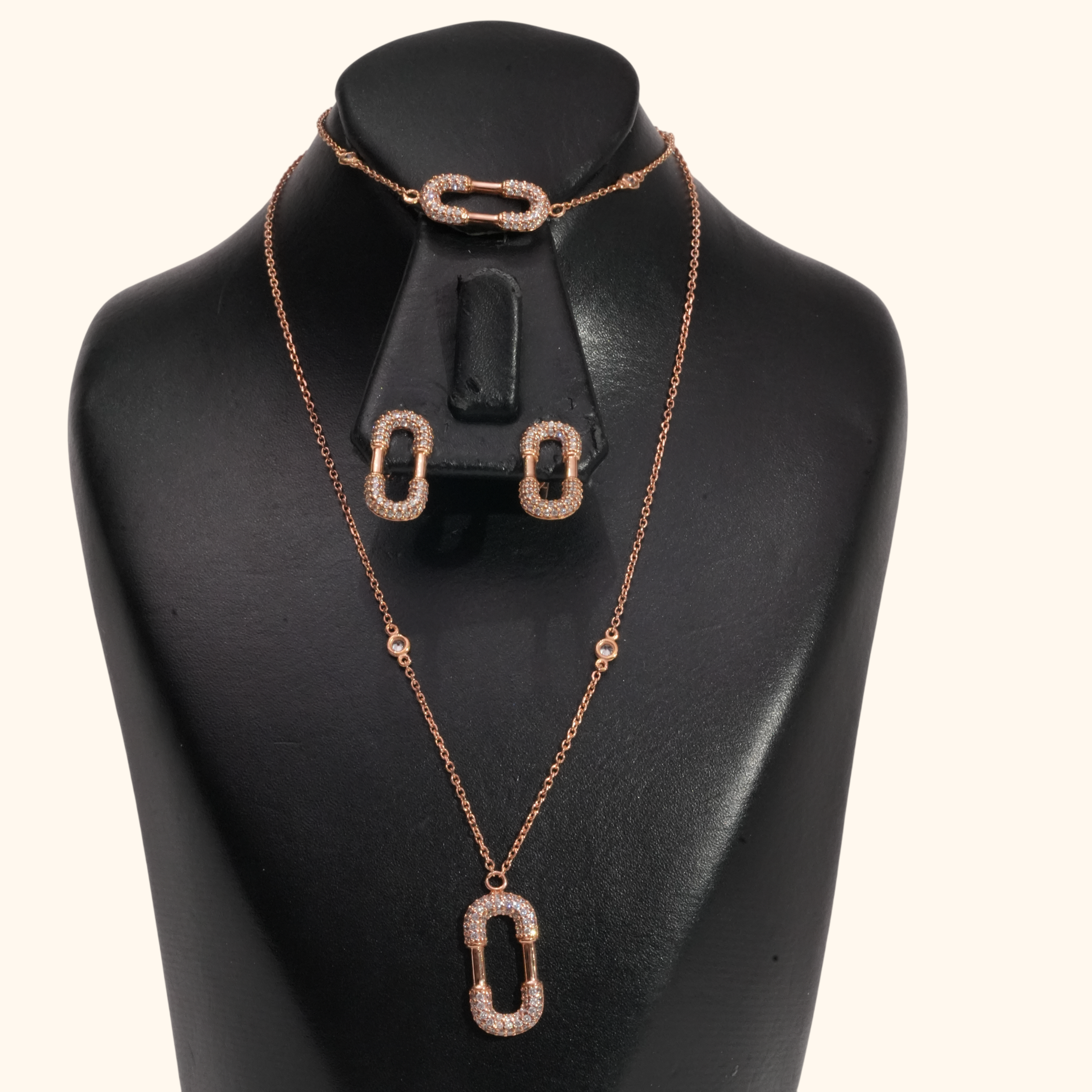 Parure Femme Or Rose avec Oxyde de Zirconium Premium – Ensemble Collier, Bracelet et Boucles d’Oreilles Élégant