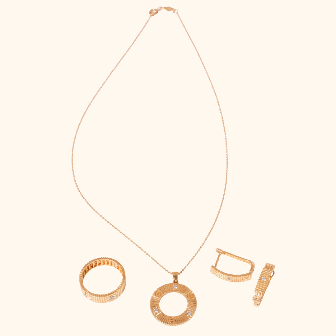 Parure Femme en Or Jaune – Ensemble Collier, Bague et Boucles d’Oreilles Élégant au Design Rayonnant