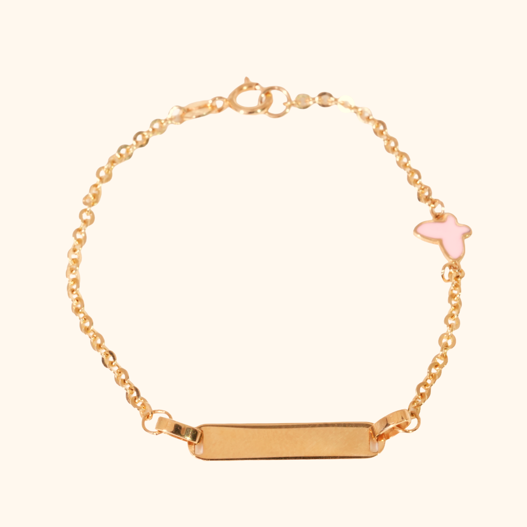 Bracelet Enfant Plaque à Graver Doré avec Papillon Rose – Bijou Personnalisable