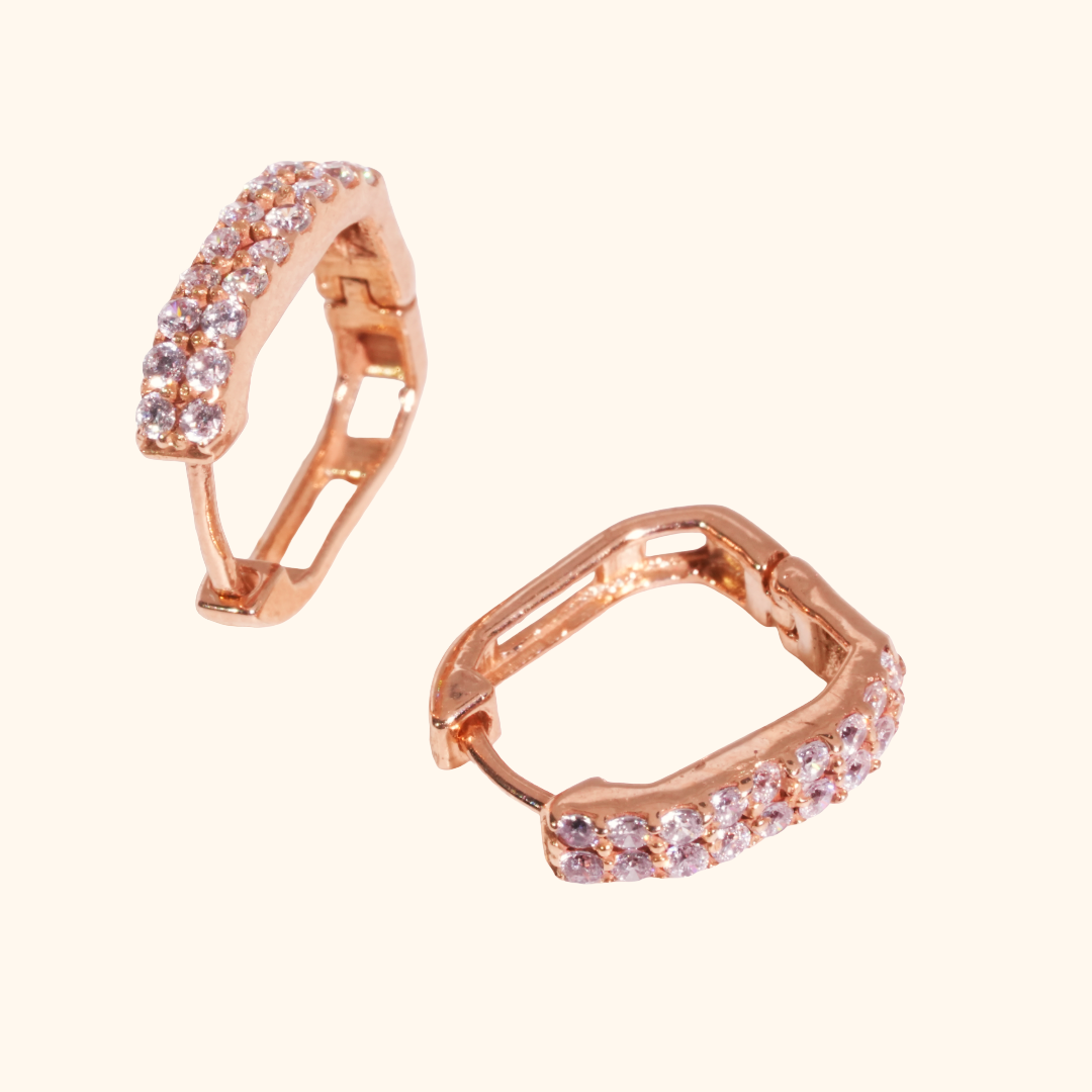 Boucles d’Oreilles Créoles Rectangulaires en Or Rose 18 Carats avec Oxydes de Zirconium Premium