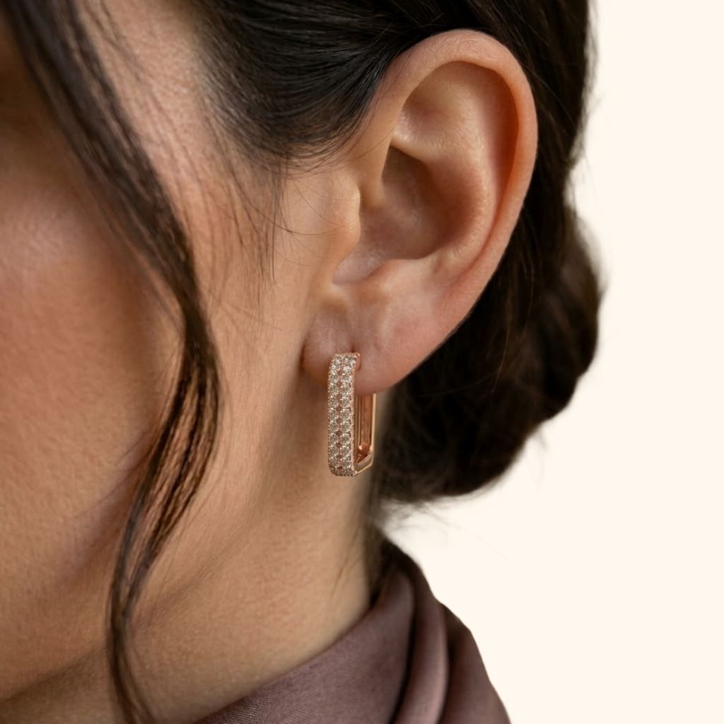 Boucles d’Oreilles Créoles Rectangulaires en Or Rose 18 Carats avec Oxydes de Zirconium Premium