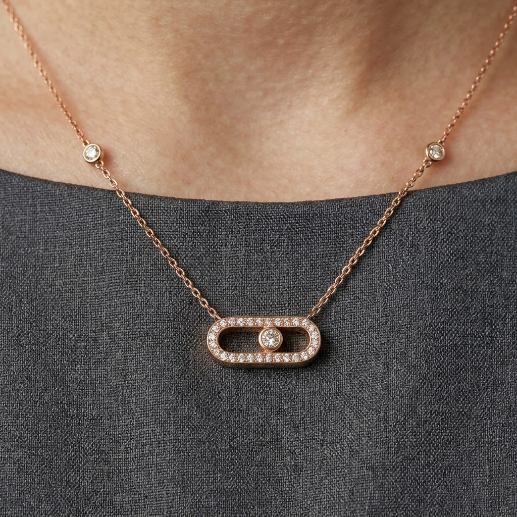 Collier Femme en Or Rose 18 Carats avec Oxyde de Zirconium Premium – Motif Rectangulaire Élégant