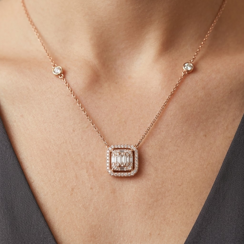 Collier Femme Or Rose 18 Carats avec Zirconium Premium – Pendentif Rectangulaire Chic et Raffiné