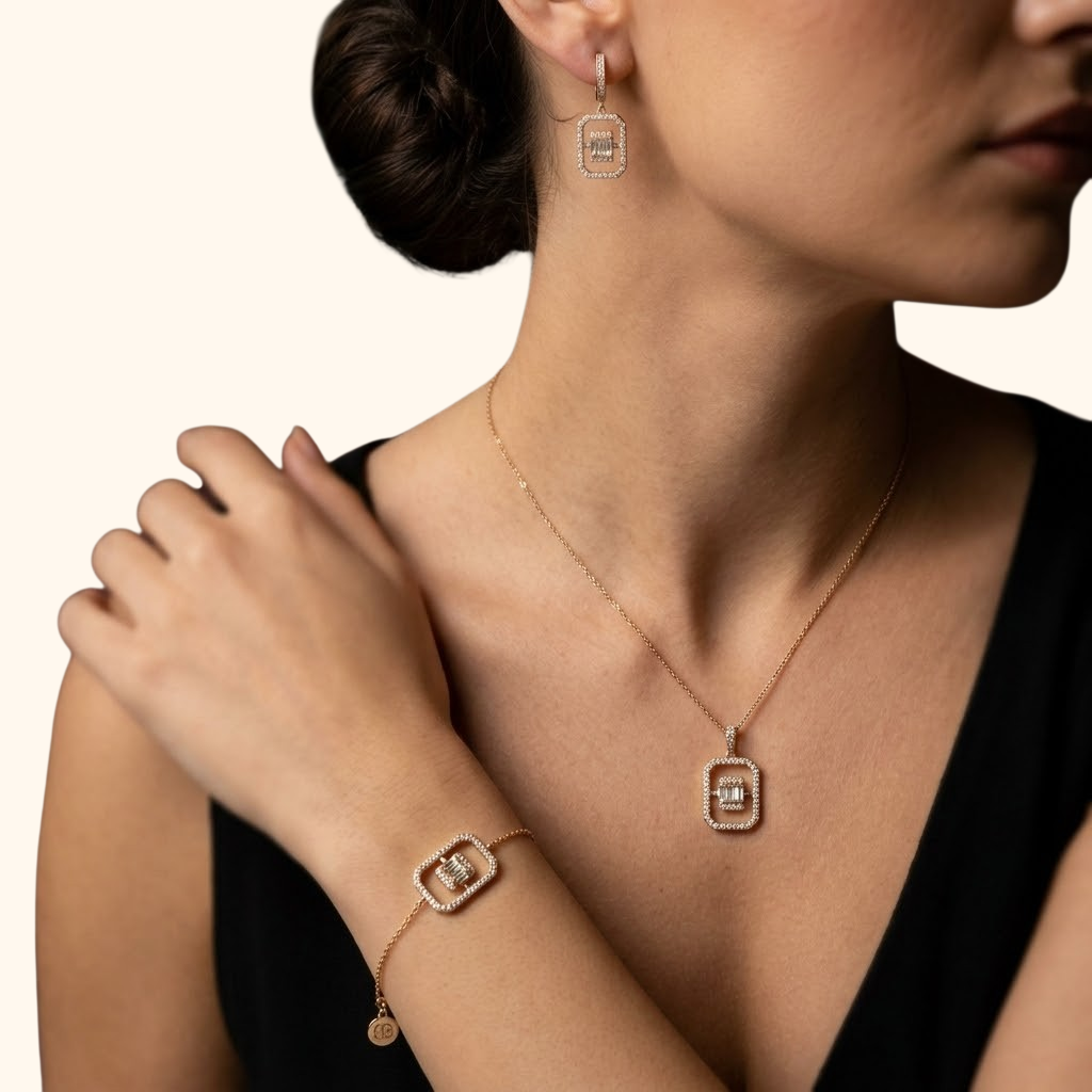 Parure Femme Or Jaune 18 Carats avec Zirconium Premium – Collier, Bracelet et Boucles d’Oreilles Élégants