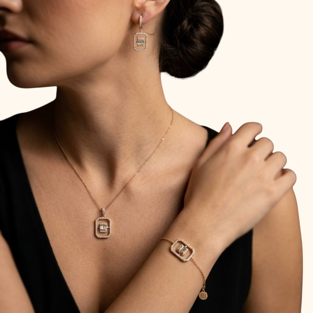 Parure Femme Or Jaune 18 Carats avec Zirconium Premium – Collier, Bracelet et Boucles d’Oreilles Élégants