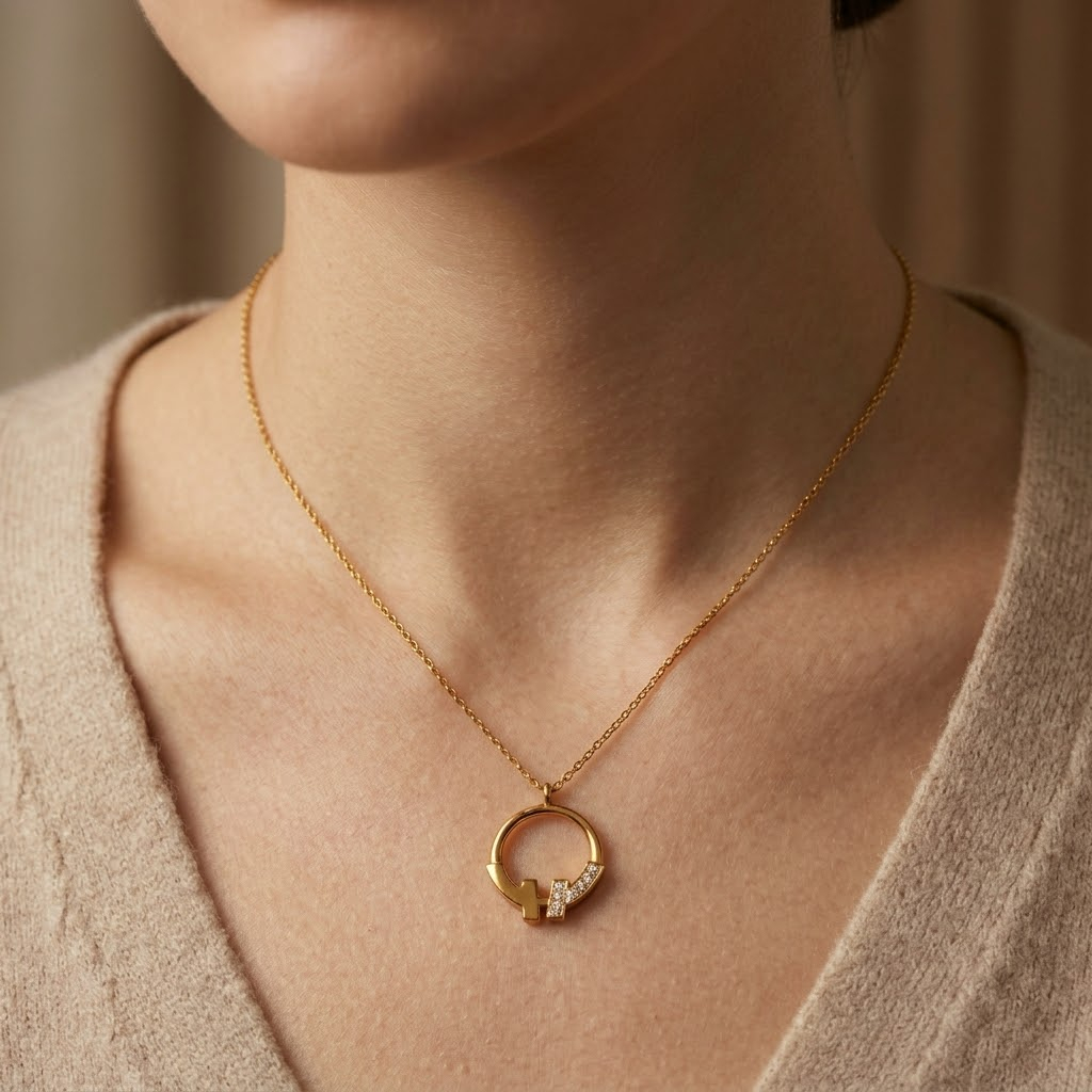Collier Femme en Or Jaune 18 Carats avec Pendentif Circulaire Design Moderne et Détails Lumineux