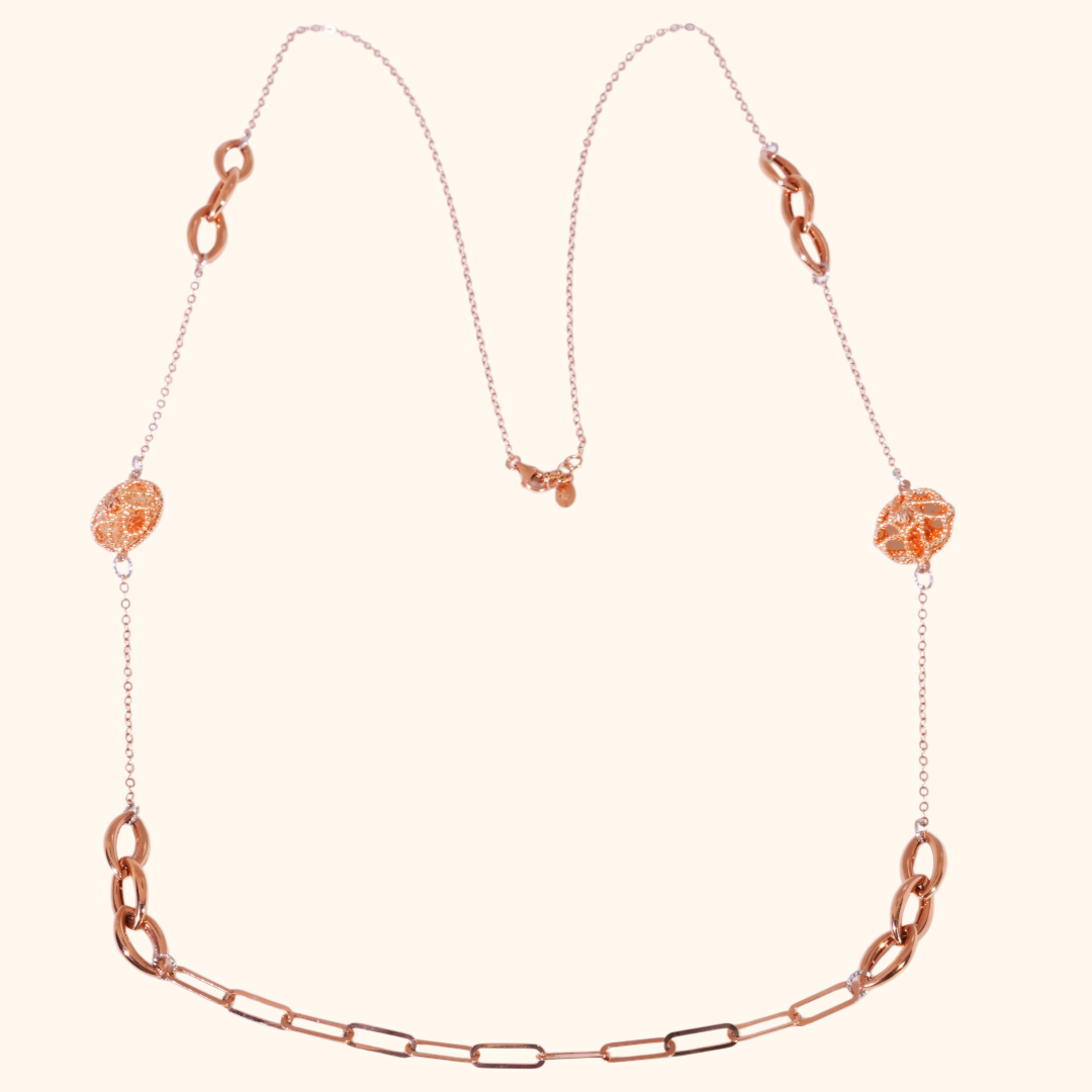 Sautoir Femme en Or Rose 18 Carats – Collier Long Élégant à Maillons et Motifs Ornementaux