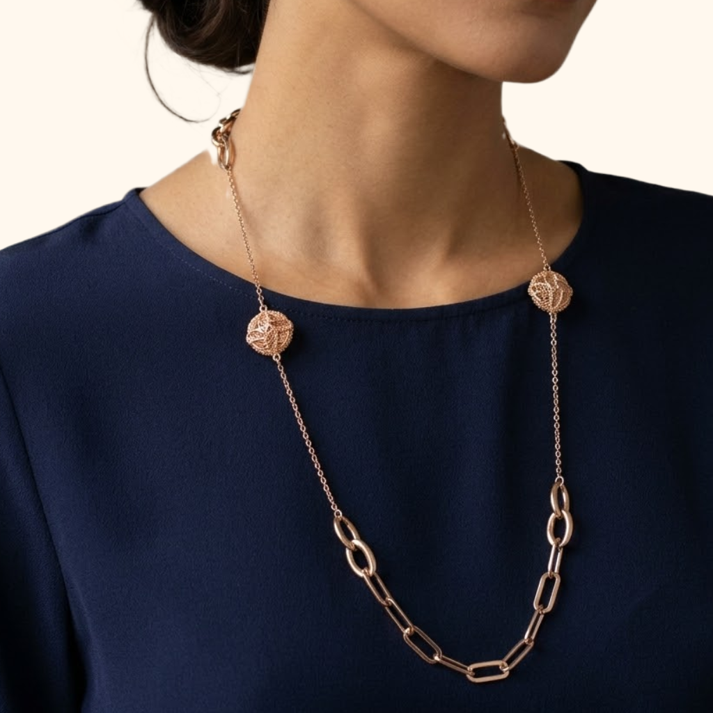 Sautoir Femme en Or Rose 18 Carats – Collier Long Élégant à Maillons et Motifs Ornementaux