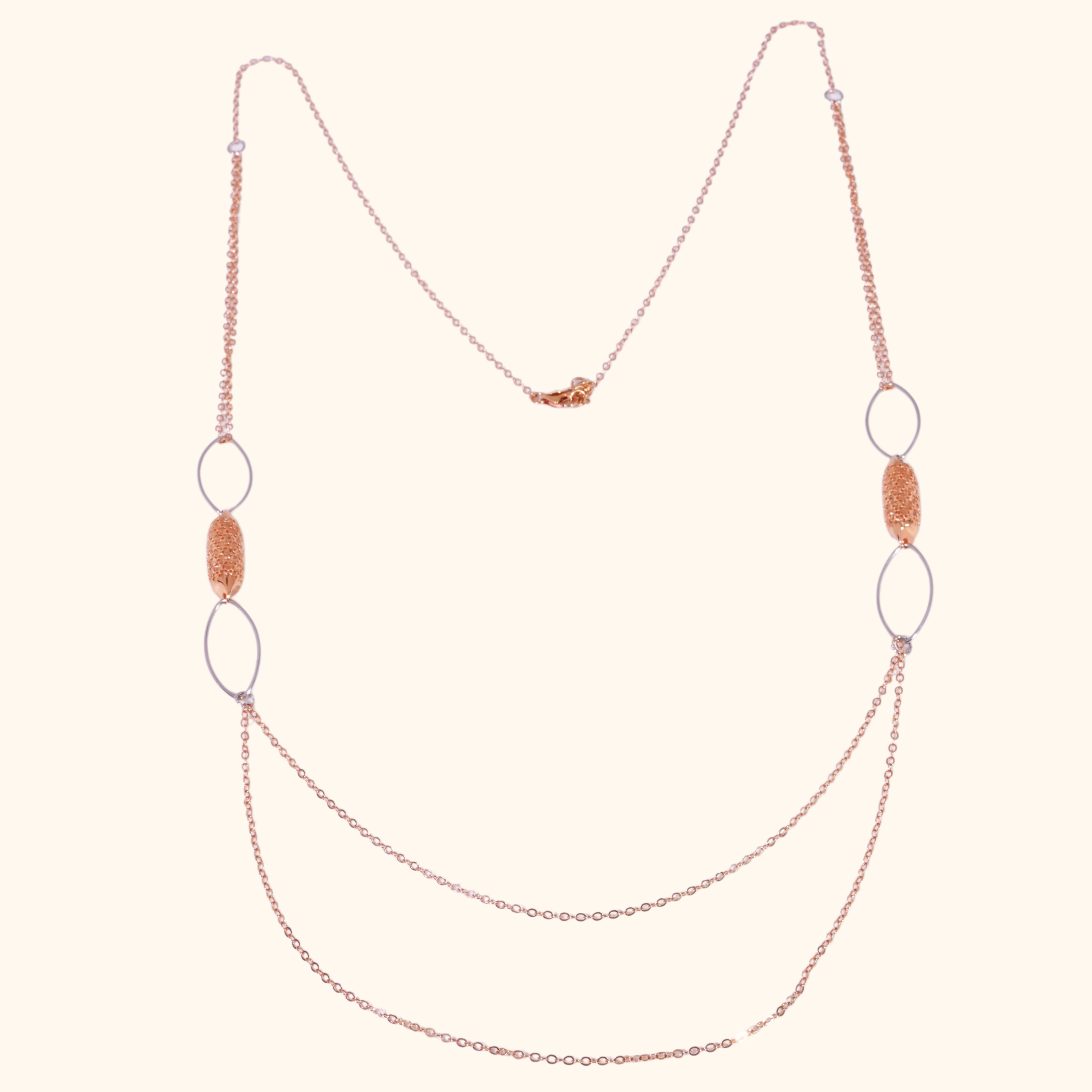 Sautoir Femme en Or Rose 18 Carats – Collier Long à Maillons et Motifs Ovales Élégants