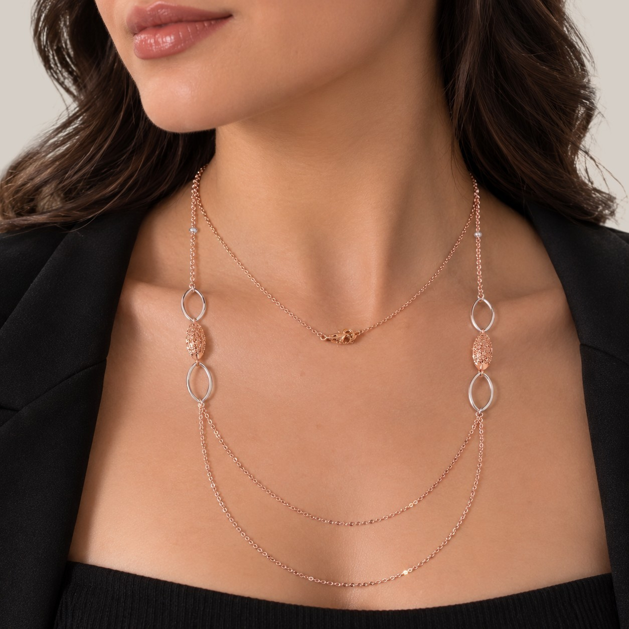 Sautoir Femme en Or Rose 18 Carats – Collier Long à Maillons et Motifs Ovales Élégants