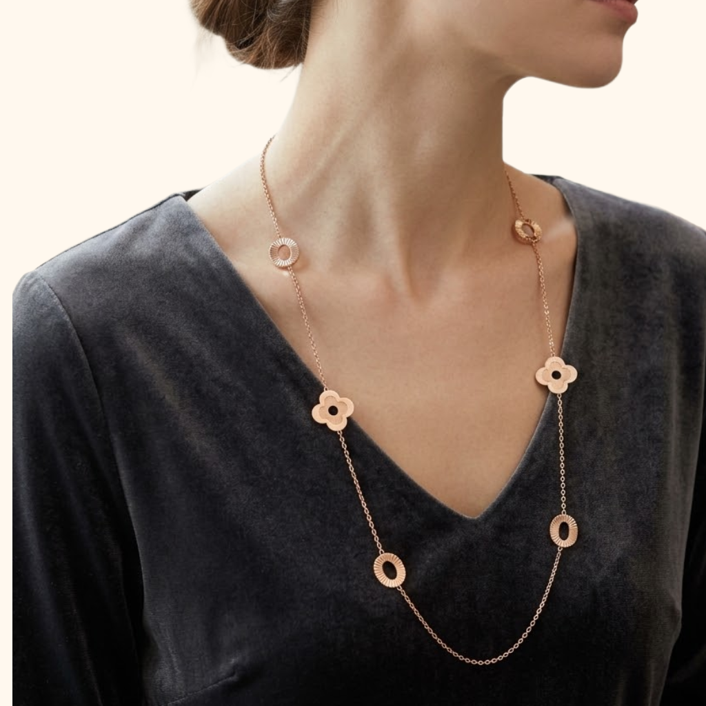 Sautoir Femme en Or Rose 18 Carats – Collier Long à Motifs Géométriques Élégants