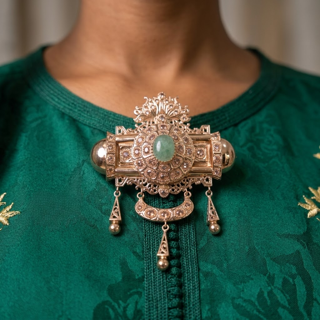 Broche Bijou en Or Rose 18 Carats avec Pierre Verte – Élégance et Raffinement