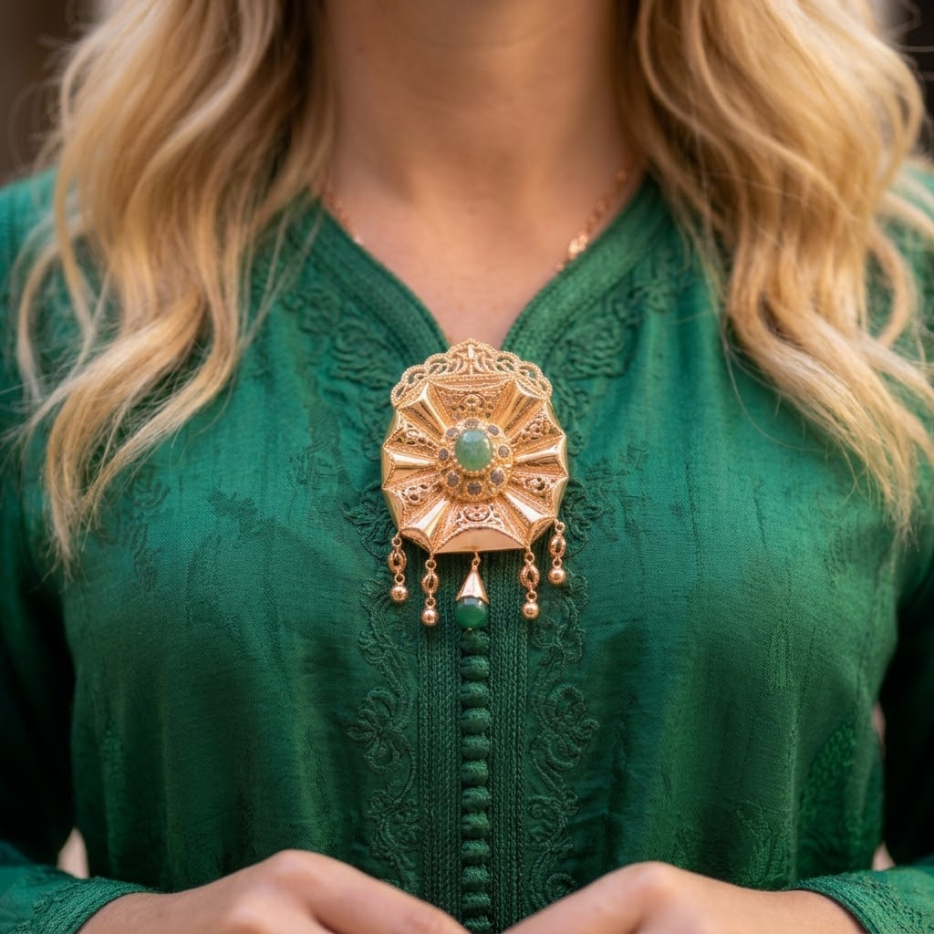 Broche marocaine Traditionnelle en Or Rose 18 Carats avec Pierre Verte – Élégance et Raffinement