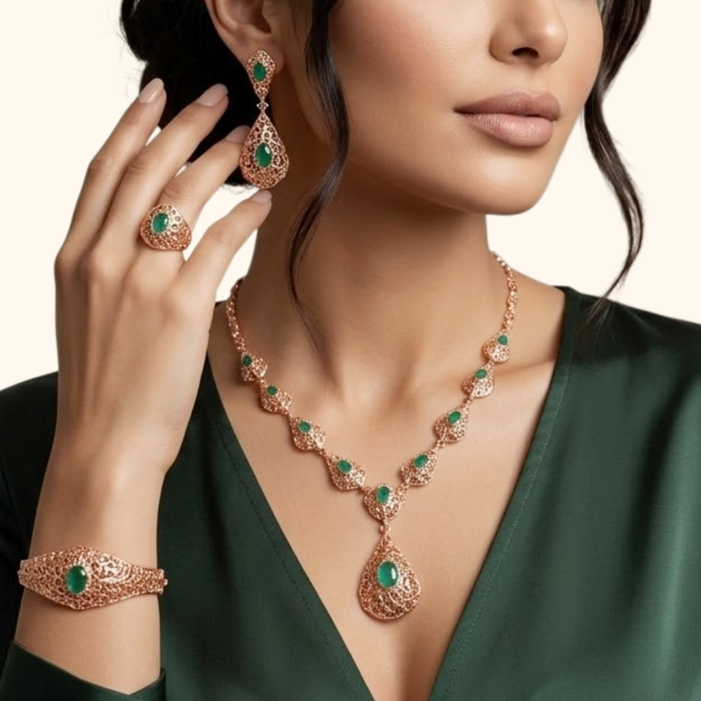 Parure Traditionnelle Marocaine en Or Rose 18 Carats avec Pierres Vertes – Élégance Royale