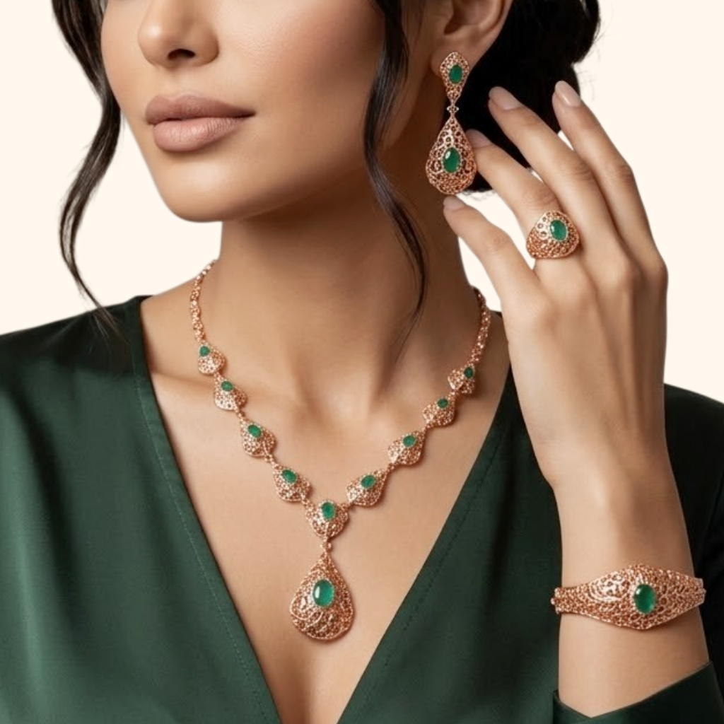 Parure Traditionnelle Marocaine en Or Rose 18 Carats avec Pierres Vertes – Élégance Royale