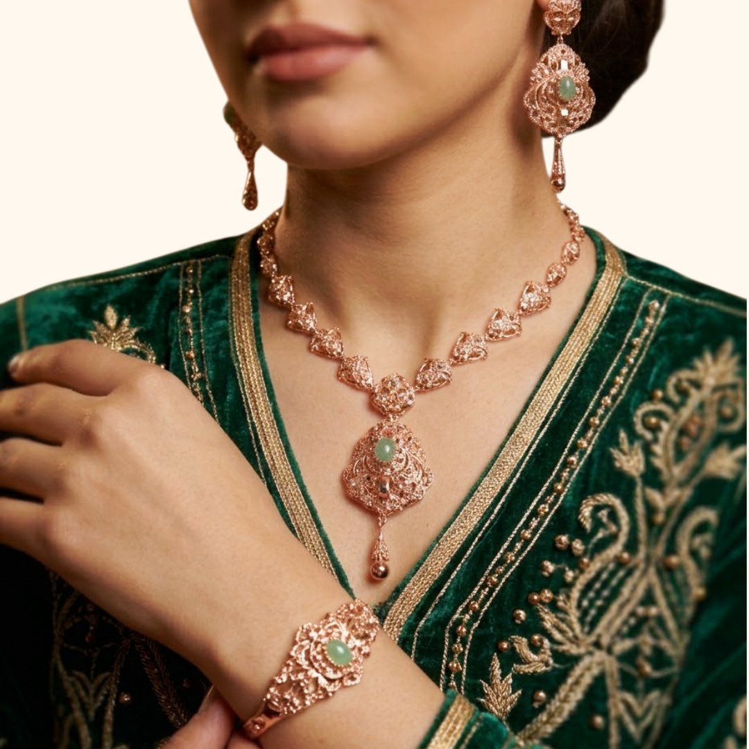 Parure Traditionnelle Marocaine en Or Rose 18 Carats – Collier, Boucles d’Oreilles et Bague aux Motifs Floraux Raffinés