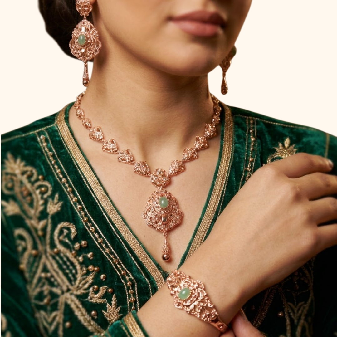 Parure Traditionnelle Marocaine en Or Rose 18 Carats – Collier, Boucles d’Oreilles et Bague aux Motifs Floraux Raffinés