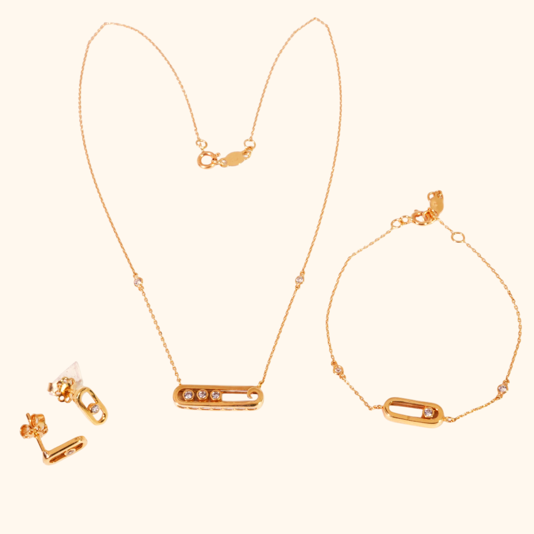 Parure Femme en Or Jaune 18 Carats et Zirconium Premium – Collier, Bracelet et Boucles d’Oreilles