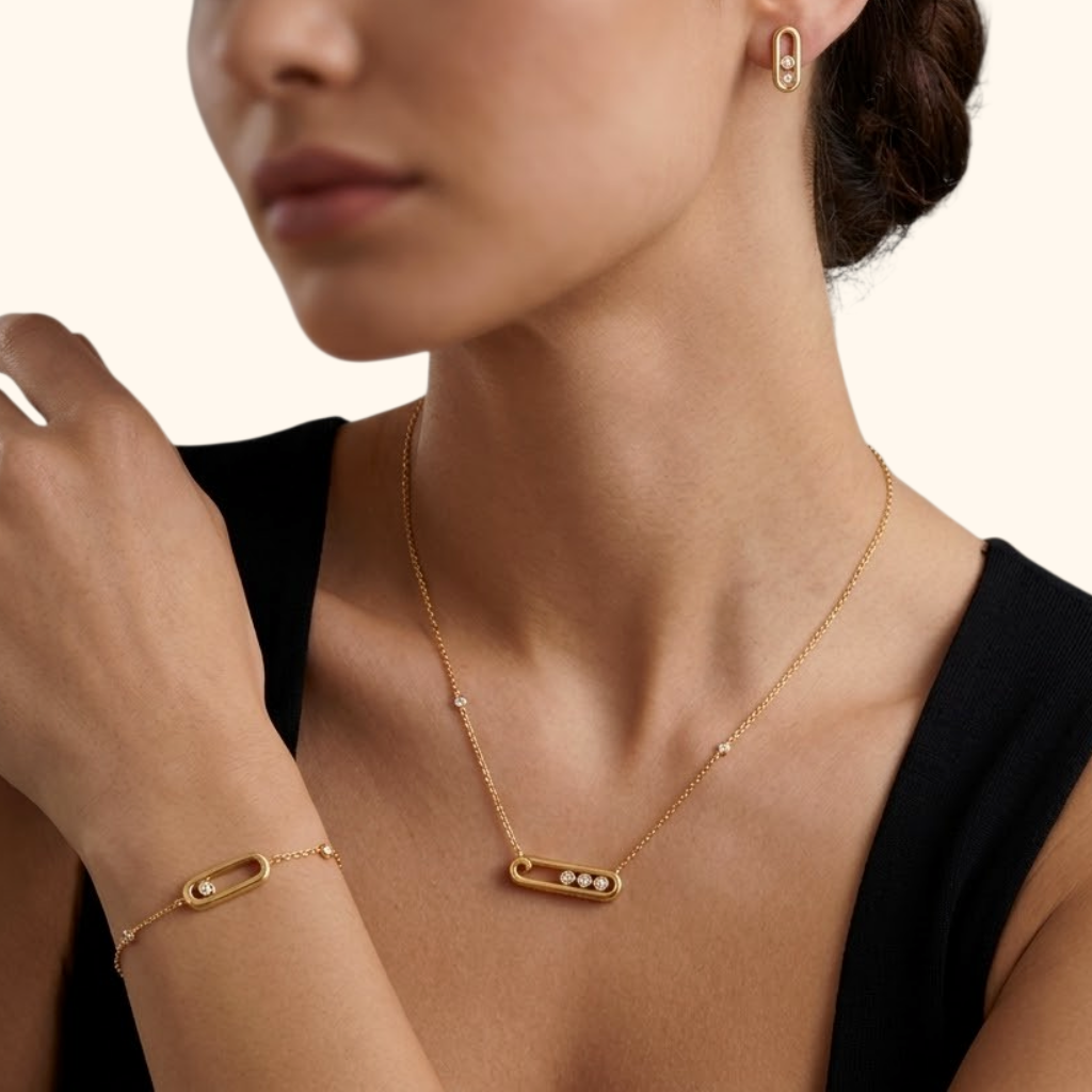 Parure Femme en Or Jaune 18 Carats et Zirconium Premium – Collier, Bracelet et Boucles d’Oreilles