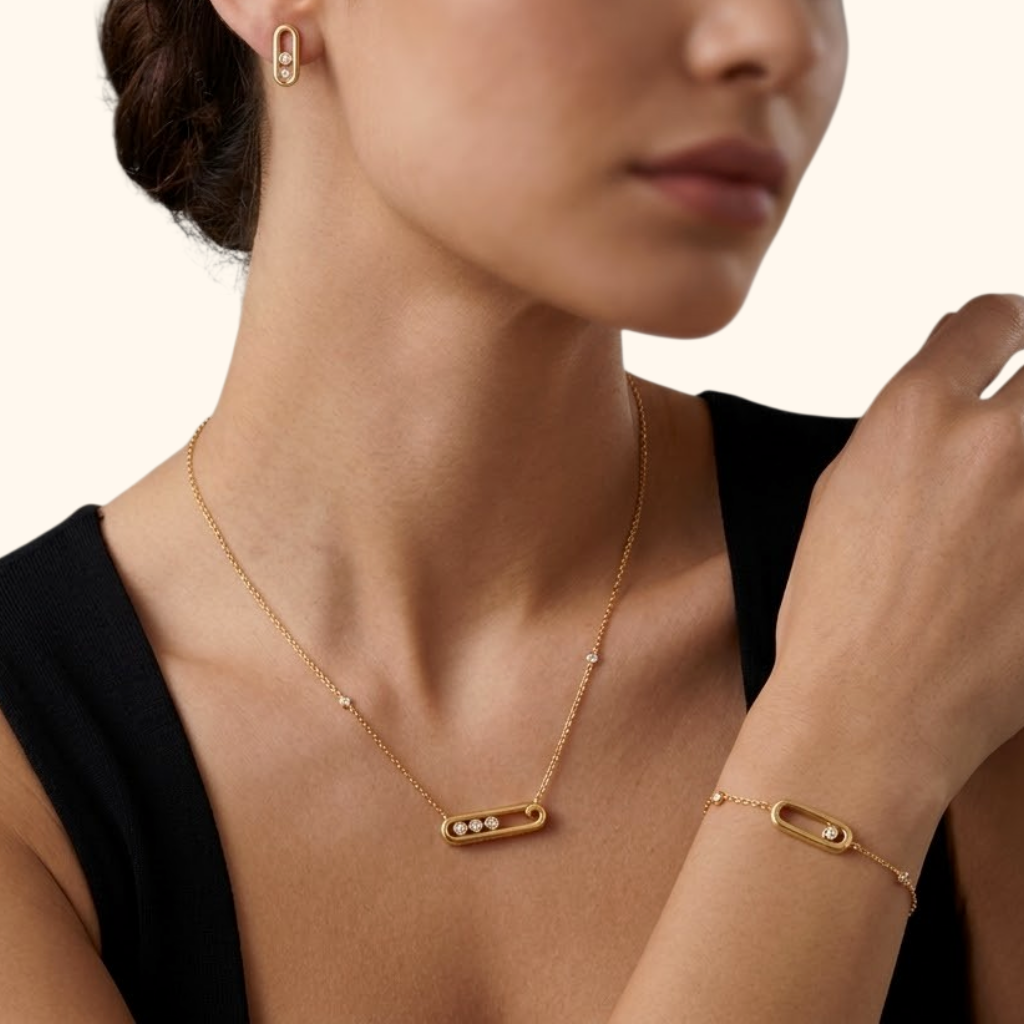 Parure Femme en Or Jaune 18 Carats et Zirconium Premium – Collier, Bracelet et Boucles d’Oreilles