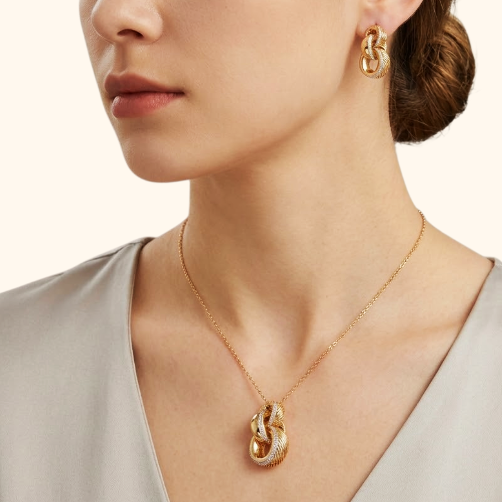 Ensemble Bijoux Femme en Or Jaune 18 Carats – Collier et Boucles d’Oreilles Modernes