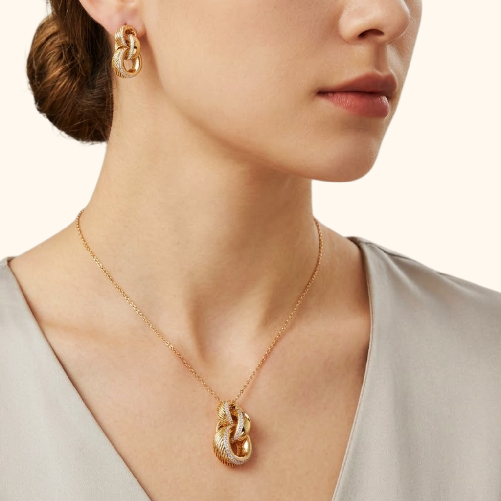 Ensemble Bijoux Femme en Or Jaune 18 Carats – Collier et Boucles d’Oreilles Modernes