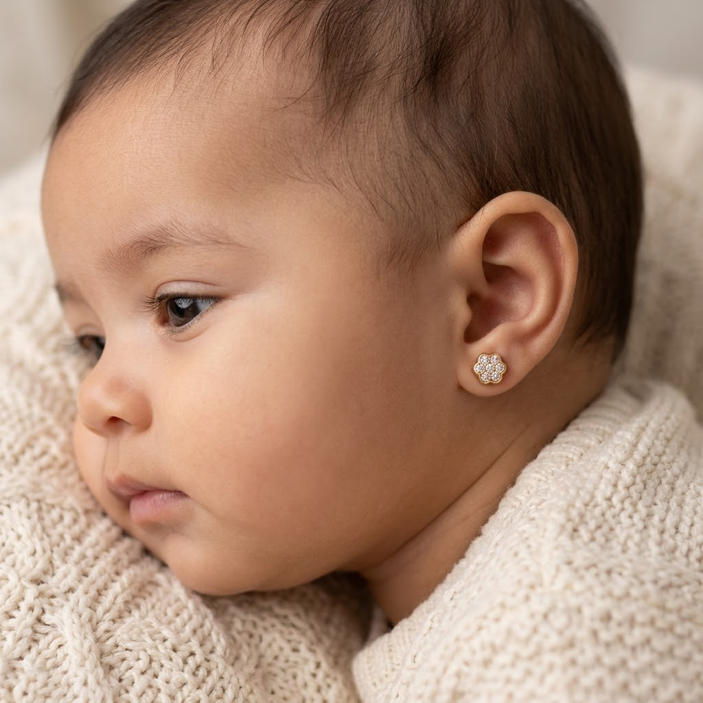 Boucles d’Oreilles Bébé en Or Jaune 18 Carats avec Zirconium Premium – Motif Fleur