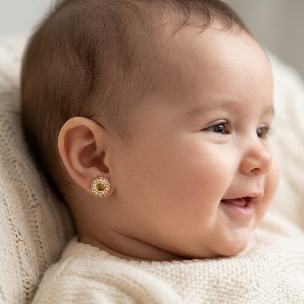 Boucles d’Oreilles Bébé en Or Jaune 18 Carats avec Zirconium Premium – Design Circulaire Élégant
